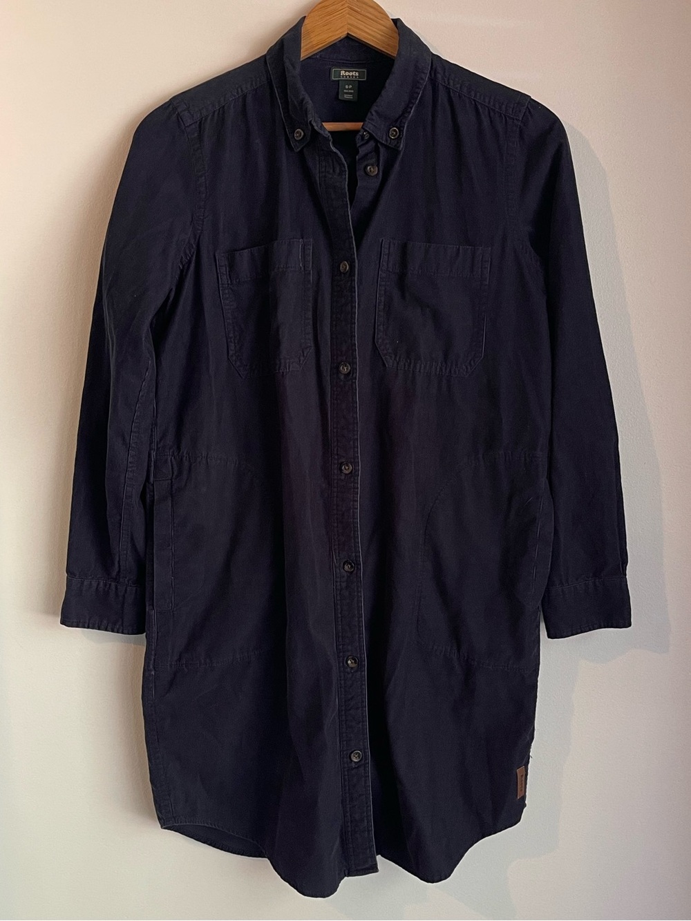 Roots Fine Corduroy Button Front Long Sleeve Shirt Dress Dark Navy Blue Pockets